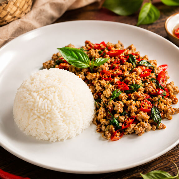 Pad Kra Pow on Rice
